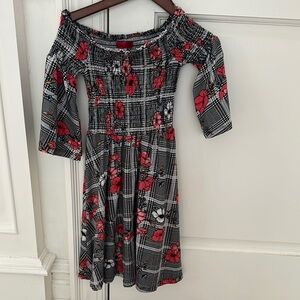 Off-Shoulder Plaid Dress with Red Floral Pattern